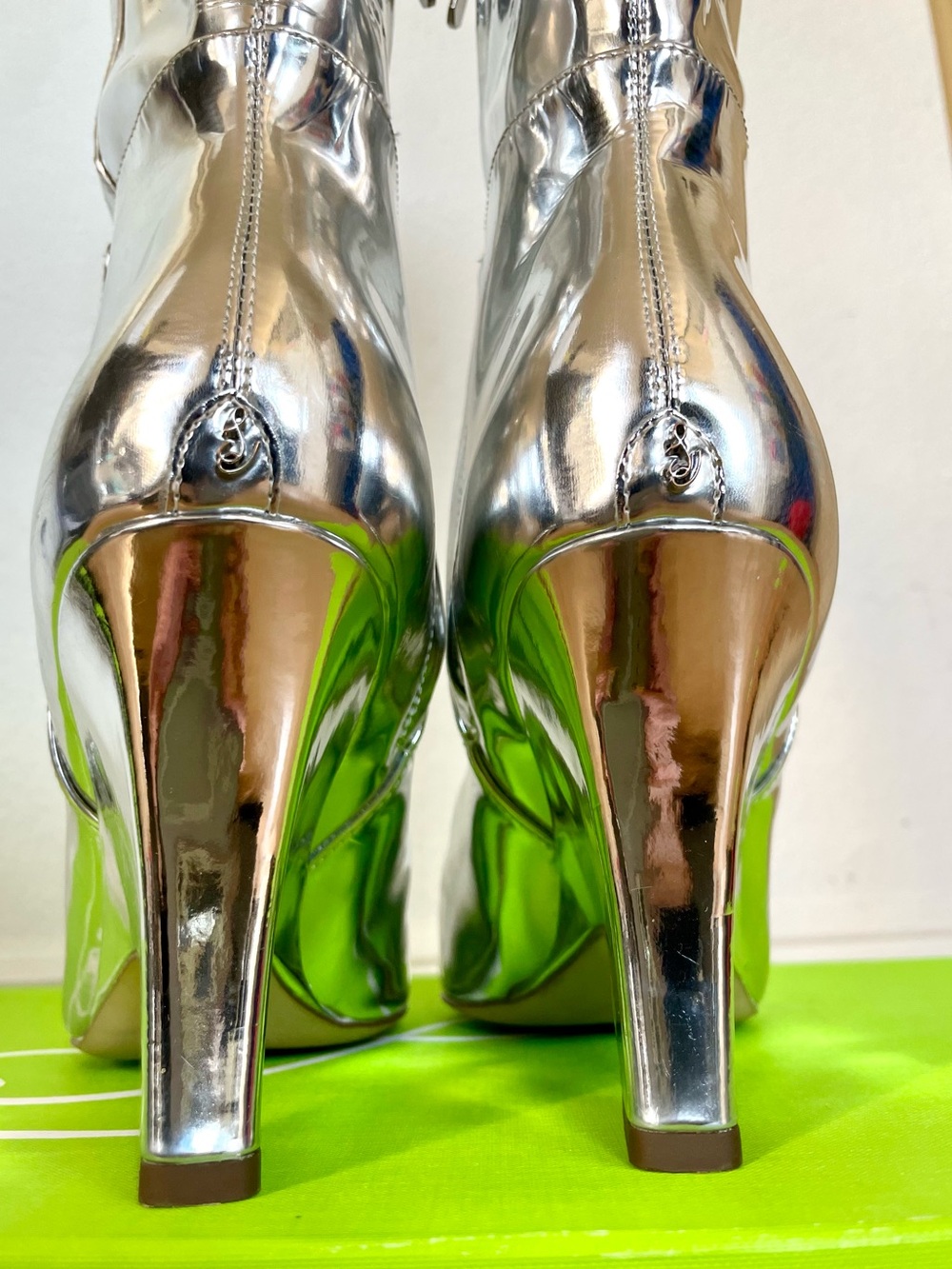 Sam Edelman Vance 2 Knee High Boots Silver Metallic Pointed Toe Block Heel - Picture 10 of 16
